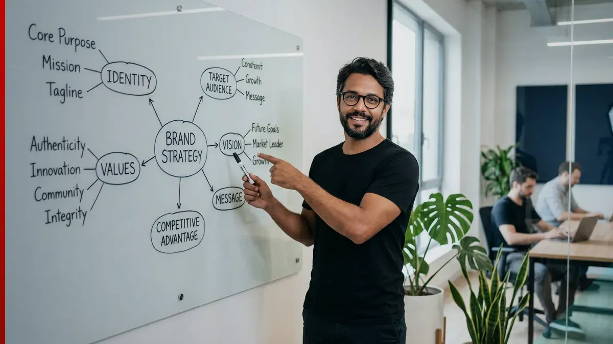 Consultor organizando os elementos do posicionamento de uma marca